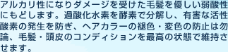 アルカリ性になりダメージを受けた毛髪を優しい弱酸性にもどします。過酸化水素を酵素で分解し、有害な活性酸素の発生を防ぎ、ヘアカラーの褪色・変色の防止は勿論、毛髪・頭皮のコンディションを最高の状態で維持させます。